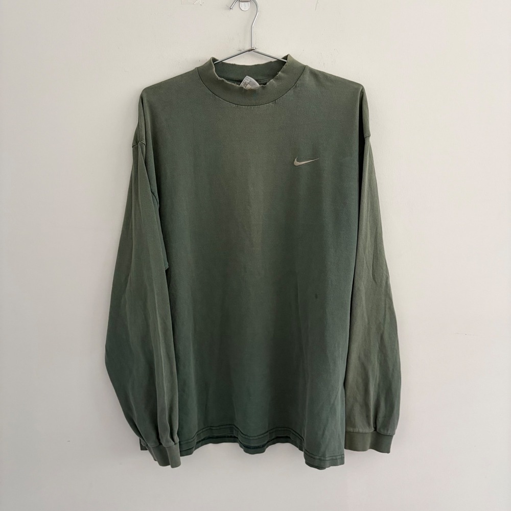 Vintage Nike Center Swoosh Mock Neck Long Sleeve Shirt Olive Green XL USA Made